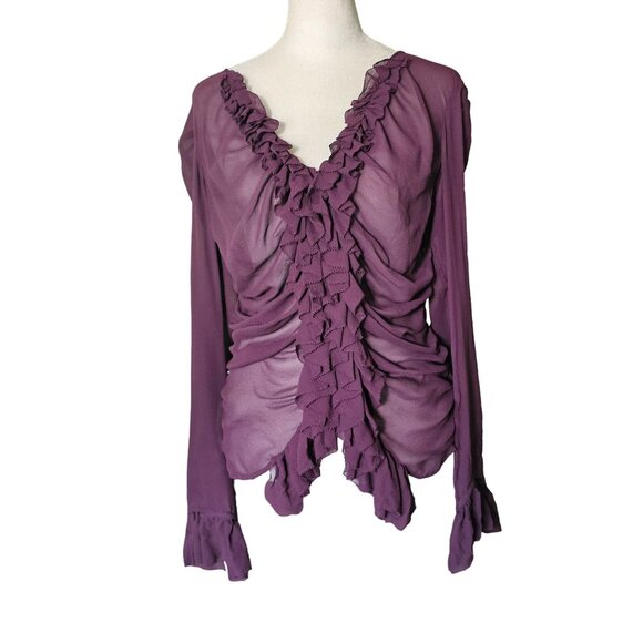 DKNY Women's Purple Silk Ruffle V Neck Pheasant Boho vibe Top Blouse size 10 - Picture 2 of 12